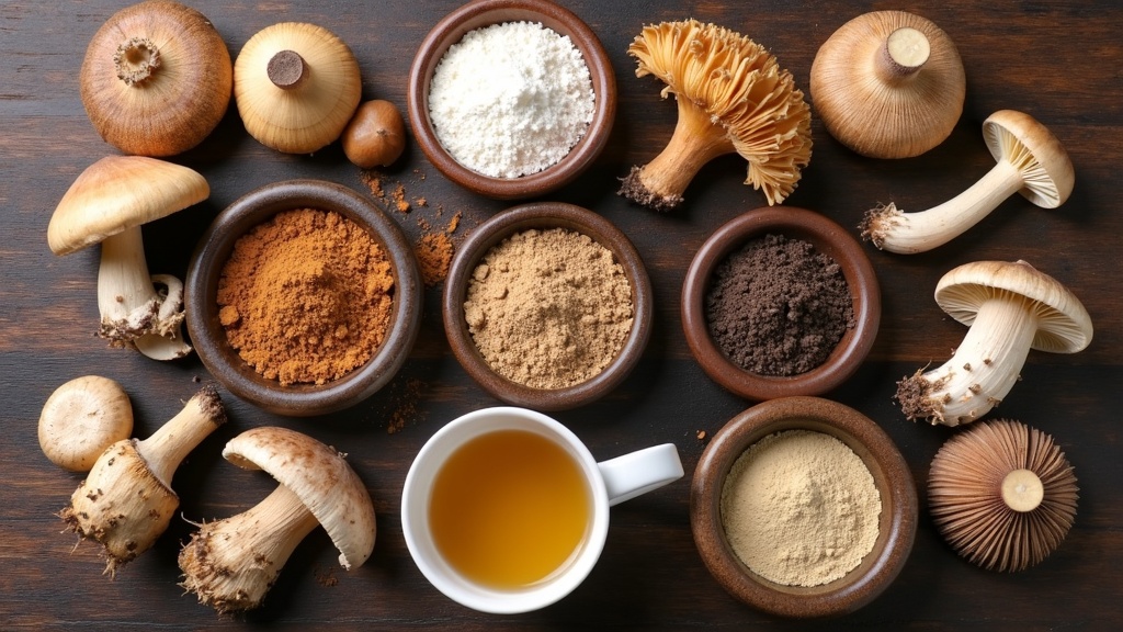 Assortment of functional mushrooms in powders and teas on a wooden table. Various mushrooms such as lion's mane, cordyceps, reishi, and chaga are arranged next to cups of tea and bowls of mushroom powder.