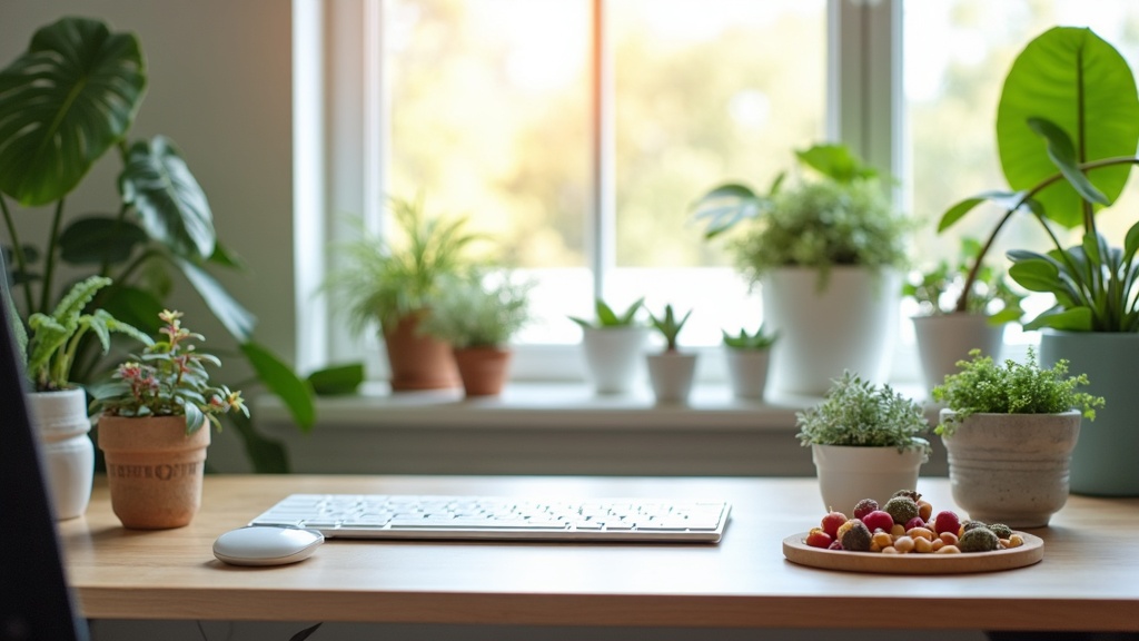 A collection of smart gadgets, healthy snacks, and green plants on a modern workspace desk