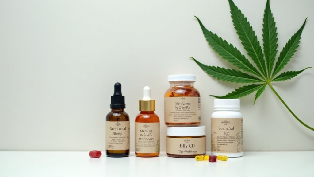 CBD-infused supplements for sleep and recovery arranged on a neutral background. Hemp leaves, soft pills, gummies, and a tincture bottle are visible.