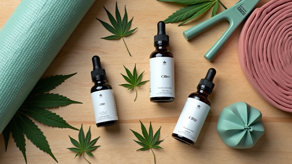 CBD oil bottle and hemp leaves on a wooden table with gym accessories in the background.